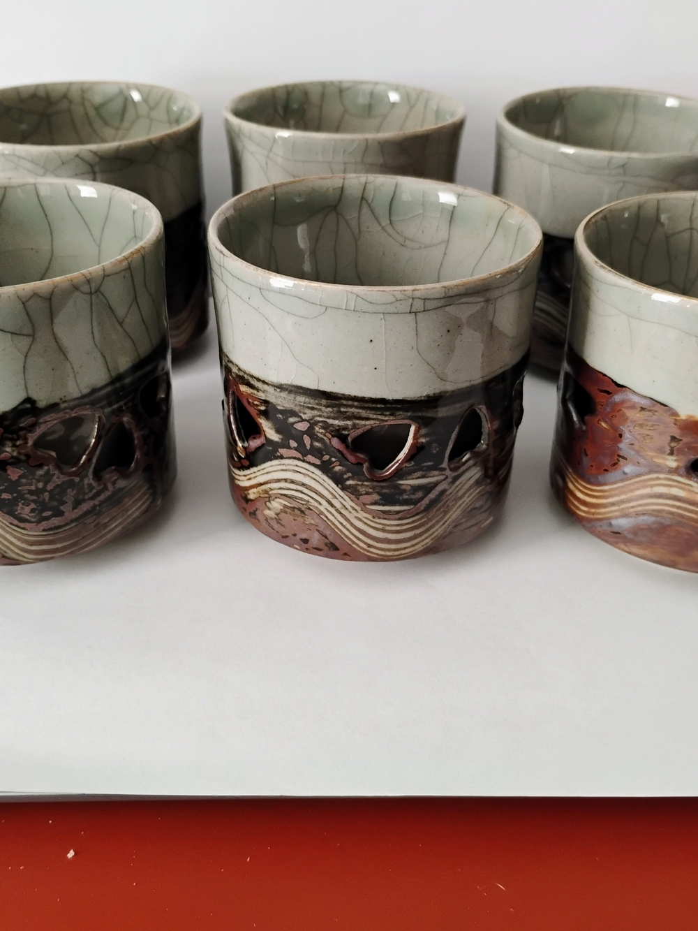 Vintage Set of 6 Obori Somayaki Tea Cups Double Wall Crackle Glaze Gold Horse
